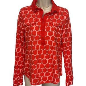 Talbots Red/White Buckle Print Long Sleeve Top